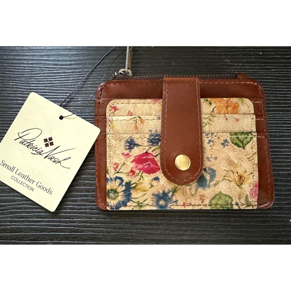 Patricia Nash Floral Leather Card Case Wallet Cognac Brown Zip Coin Pouch NWT